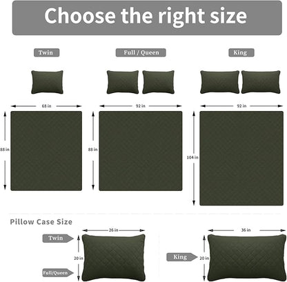 Easy-Going Queen Plus Size Reversible Quilt Set with 1 Quilt and 2 Pillow Shams, Soft Bed Quilt Cover, Water Resistant Lightweight Microfiber Bedspread, Stain Resistant, Army Green/Beige