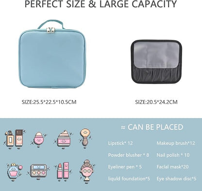 Makeup Bag with Led Mirror,Travel Makeup Organizer with 3 Color Setting, Portable Storage and Adjustable Dividers Travel Makeup Bag(baby blue)