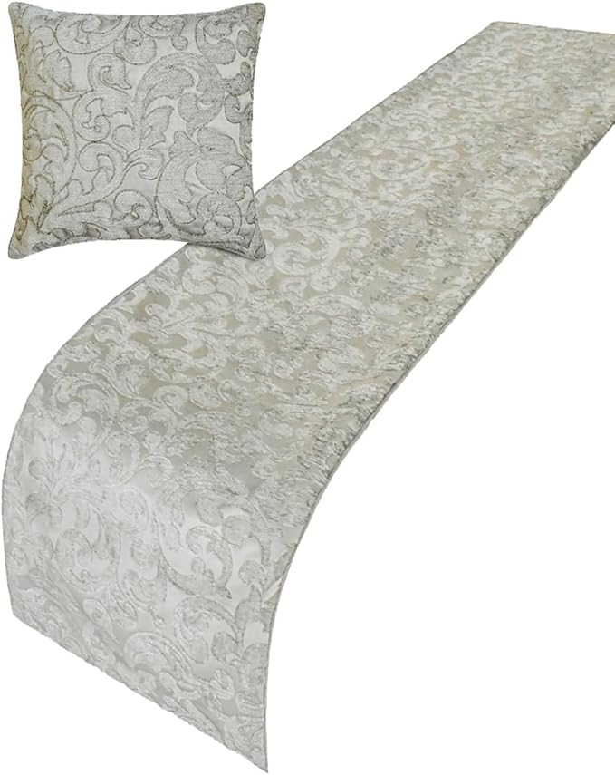 The HomeCentric King/Queen/Twin Silver Decorative Full 68"x18" Bed Runner Without Pillow Cover, Abstract, Floral, Bead Hand Embroidery Bed Scarf on Jacquard Fabric - Ethereal Silver