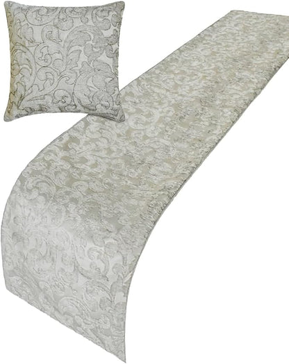 The HomeCentric King/Queen/Twin Silver Decorative Full 68"x18" Bed Runner Without Pillow Cover, Abstract, Floral, Bead Hand Embroidery Bed Scarf on Jacquard Fabric - Ethereal Silver