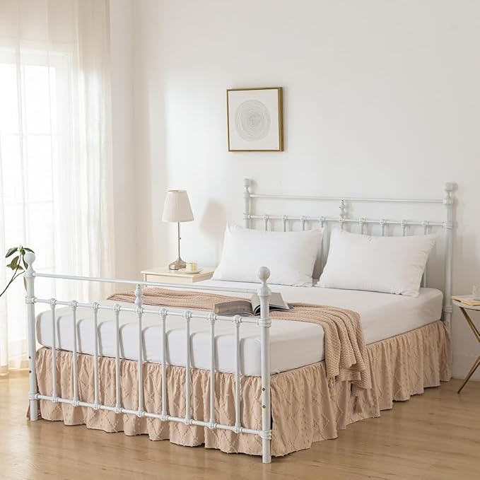 Bed Skirt Queen Size Ruffled Bed Skirt with Split Corners, 18 Inch Drop Dust Ruffle Bed Skirts with Platform, Boho Tufted Shabby Chic Queen Size Bed Skirts, Cream