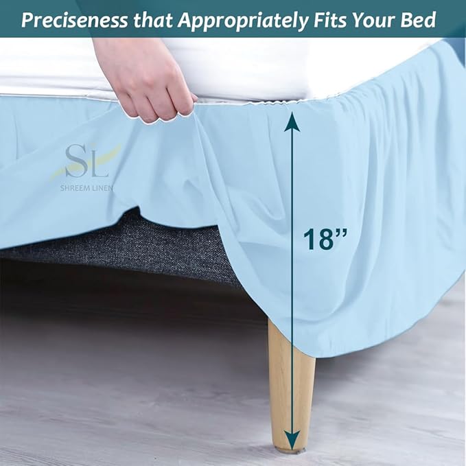 Shreem Linen Ruffled Bed Skirt with Split Corners, Gathered Style, 100% Microfiber, 18-Inch Drop, Dust Ruffle Bedskirt with Platform, Olympic Queen, Light Blue