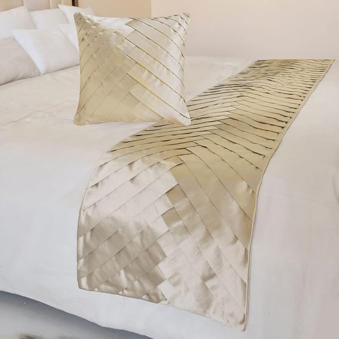The HomeCentric King/Queen/Twin Ivory Designer Twin 53"x18" Bed Runner with 2 Pillow Cover, Pintucks, Textured & Satin Bed Scarf on Satin Fabric - Glazed Satin