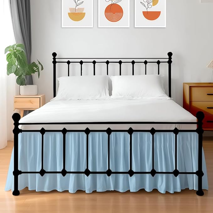 Shreem Linen Ruffled Bed Skirt with Split Corners, Gathered Style, 100% Microfiber, 15-Inch Drop, Dust Ruffle Bedskirt with Platform, Twin-XL, Light Blue