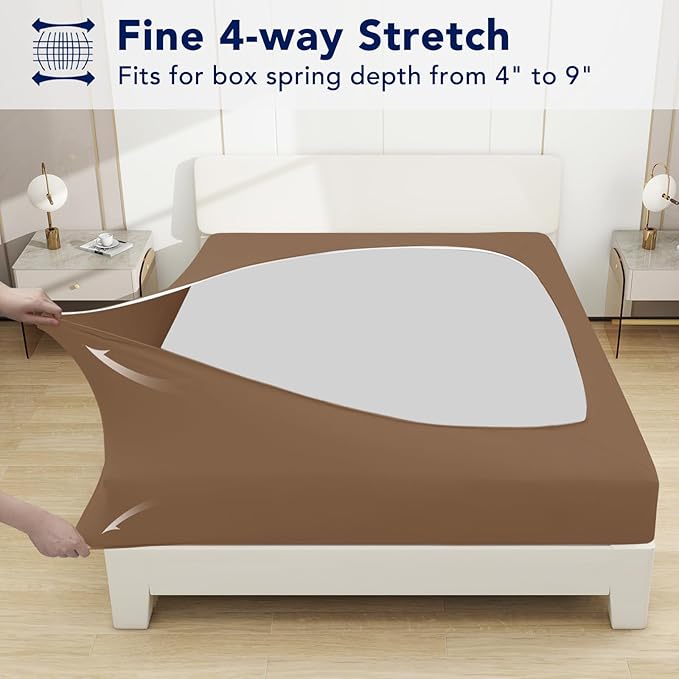 PureFit Stretchy Box Spring Cover Full - Elastic Fitted Box Spring Wrap Around 4 Sides, Wrinkle & Fading Resistant Fits Full Size Beds, Brown