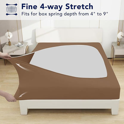 PureFit Stretchy Box Spring Cover Full - Elastic Fitted Box Spring Wrap Around 4 Sides, Wrinkle & Fading Resistant Fits Full Size Beds, Brown