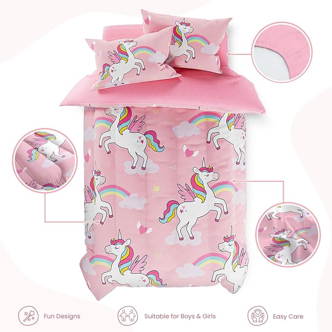 SANDJEST Unicorns Bedding Twin Set for Girls Kids Children, Ultra Soft Microfiber Comforter Set with 3-Pieces, Comforters Bed Sets Bedroom Decor