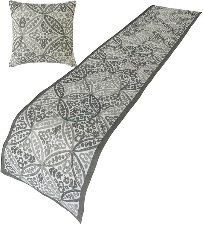The HomeCentric King/Queen/Twin Gray Luxury Queen 74"x18" Bed Runner with One Pillow Cover, Moroccan, Pearl, Geometric & Embroidered Bed Scarf on Embroidered Fabric - Meryem