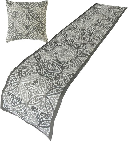 The HomeCentric King/Queen/Twin Gray Luxury Queen 74"x18" Bed Runner with One Pillow Cover, Moroccan, Pearl, Geometric & Embroidered Bed Scarf on Embroidered Fabric - Meryem