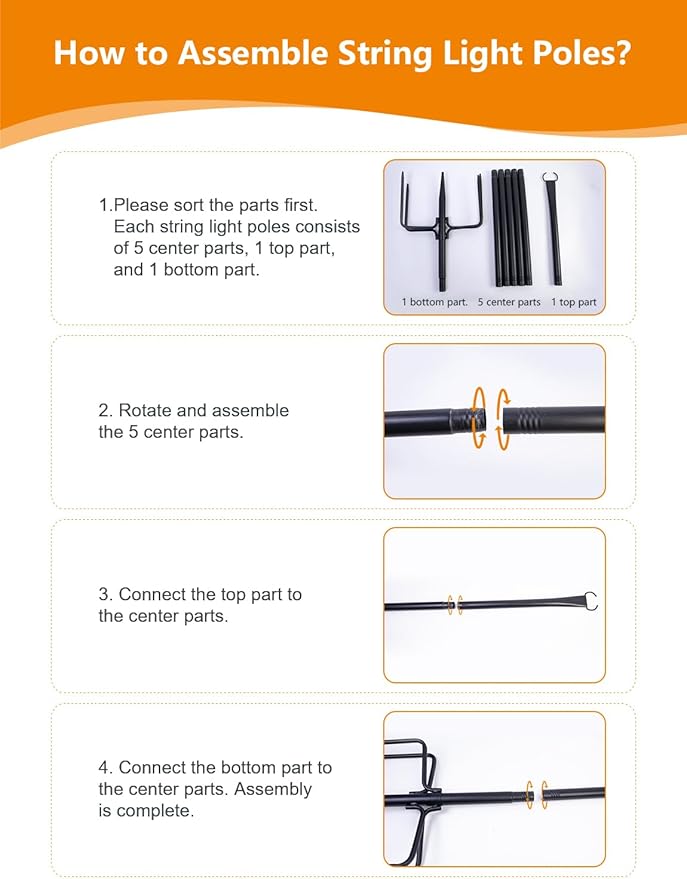 6 Pack 9FT String Light Poles for Outdoor, Metal Lights Hanging Pole Outside