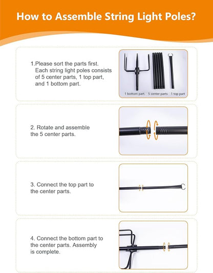 6 Pack 9FT String Light Poles for Outdoor, Metal Lights Hanging Pole Outside