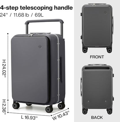 mixi Checked Luggage Wide Handle Luxury Design Rolling Travel Suitcase PC Hardside with Aluminum Frame Hollow Spinner Wheels, with Cover, 24 inch, Rock Grey