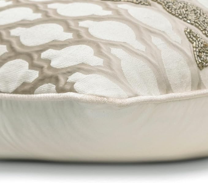 The HomeCentric King/Queen/Twin Ivory Luxury Queen 74"x18" Bed Runner with One Pillow Cover, Bead Hand Embroidery Bed Scarf on Jacquard Fabric - Priscilla Dazzle
