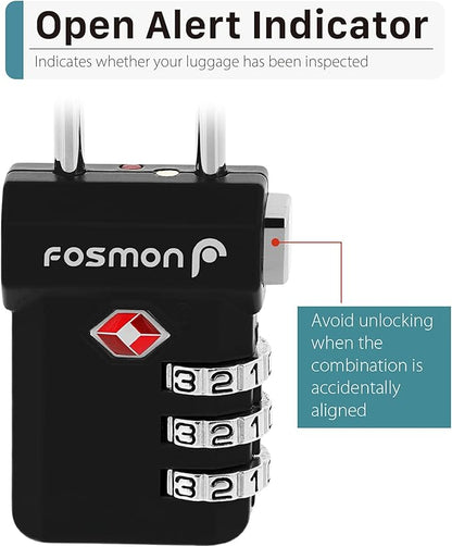 Fosmon TSA Accepted Luggage Locks, (4 Pack) Open Alert Indicator 3 Digit Combination Padlock Codes with Alloy Body and Release Button for Travel Bag, Suit Case & Luggage - Black