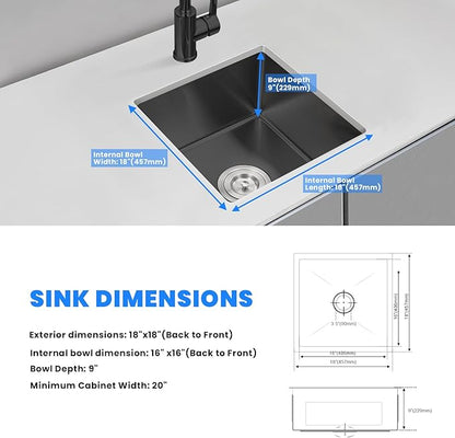 POPLFY 18 Inch Undermount Kitchen Sink, 18×18 Inch Undermount 18 Gauge Stainless Steel Single Bowl Wet Bar Prep Sink 9 Inch Deep Small Utility Sink, Black