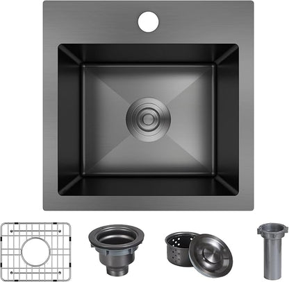 15 x 15 Inch Black Drop In Kitchen Sink - Single Bowl Topmount Bar Prep Sink, 18 Gauge Stainless Steel with Grid and Basket Strainer