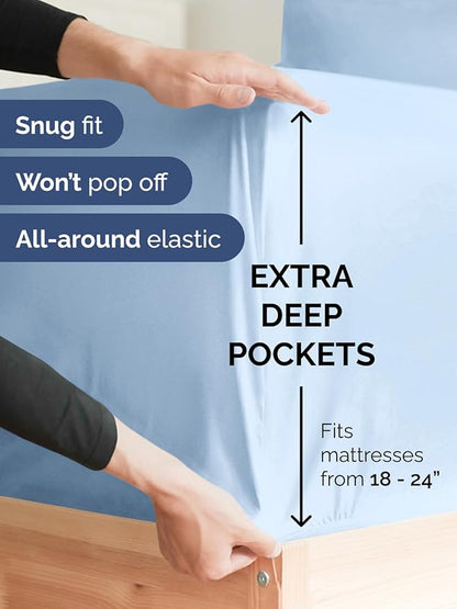 Extra Deep Full Fitted Sheet - Hotel Luxury Single Fitted Sheet Only - Easily Fits 18 inch to 24 inch Mattress - Ultra Soft, Wrinkle & Fade Free w/Extra Deep Pockets - Breathable & Comfy - Light Blue