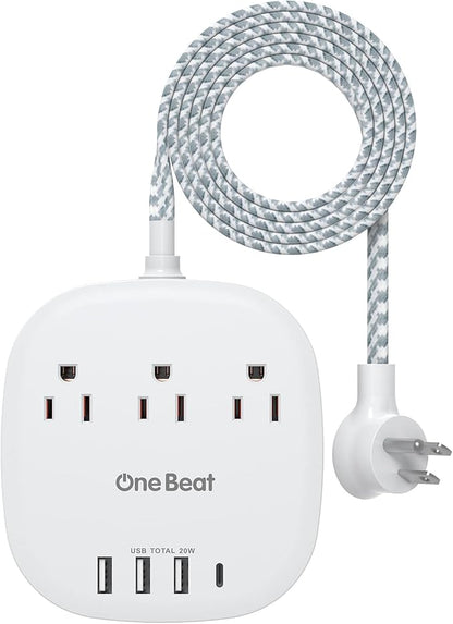 PD 20W USB C 3 Outlet 4 USB Ports Flat Plug Power Strip No Surge Protector for Cruise Ship Travel, 5 ft Long Extension Cords, Power Delivery, Desktop Power Strip for Dorm Home Office