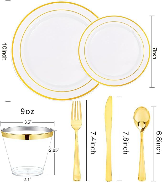bUCLA 300PCS Gold Disposable Dinnerware Set