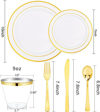 bUCLA 300PCS Gold Disposable Dinnerware Set
