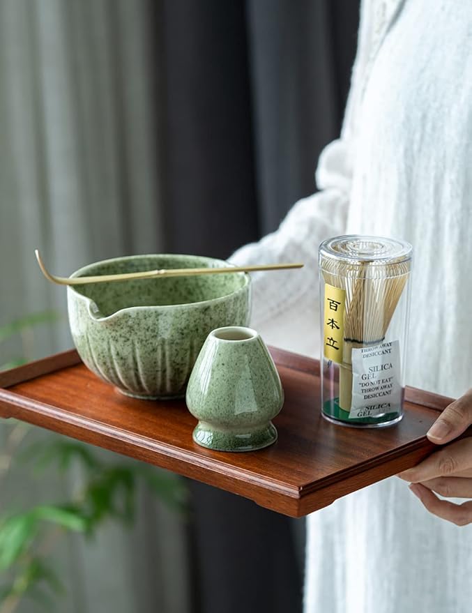 TANG PIN Matcha Set - Match Bowl with Spout and Whisk, 15 OZ, Matcha Scoop | Matcha Whisk Stand (Chasen Holder) - 4pc Perfect Matcha Kit for Matcha Tea Ceremony (Mottled Green)