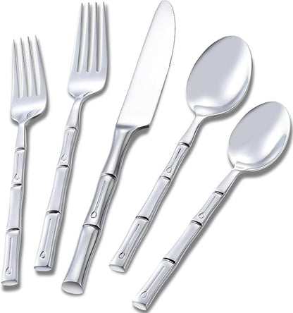 Bamboo 20-Piece Silverware Set, Stainless Steel Flatware Set, Cutlery Set Mirror Polished, Dishwasher Safe, Service for 4