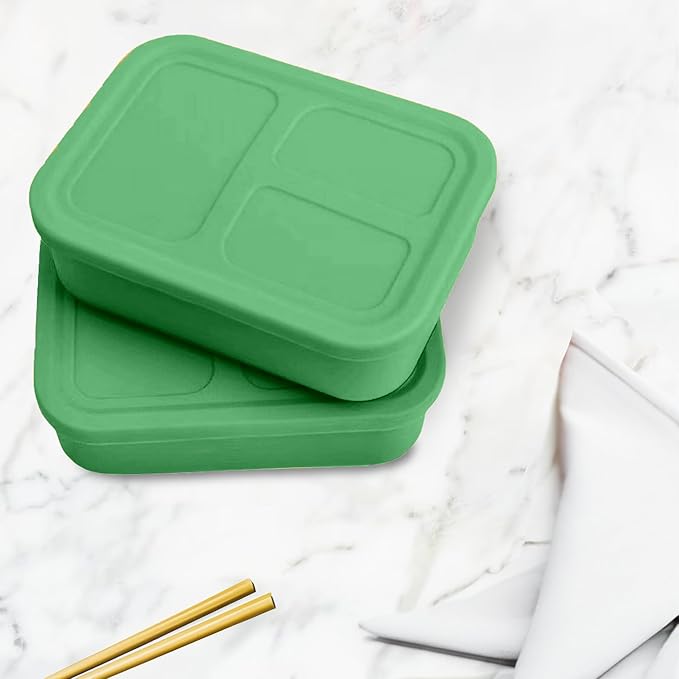 Platinum Silicone Bento Lunch Box Set of 2 – 3 Compartments, Leakproof, Versatile, Durable, Microwave & Freezer Safe, Meal Prep Container, Food Storage for All Ages (Watermelon Green)