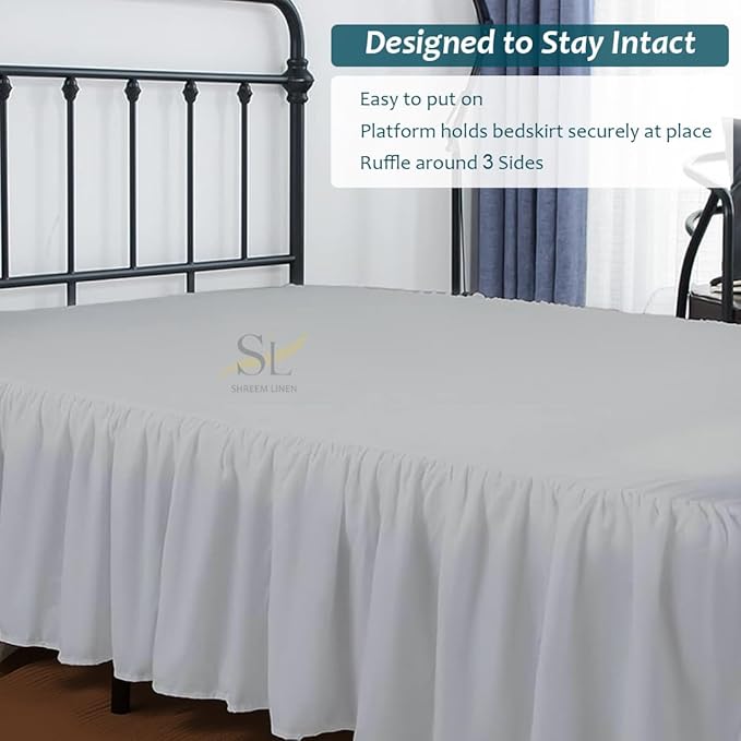 Shreem Linen Ruffled Bed Skirt with Split Corners, Gathered Style, 100% Microfiber, 16-Inch Drop, Dust Ruffle Bedskirt with Platform, Full, Light Grey