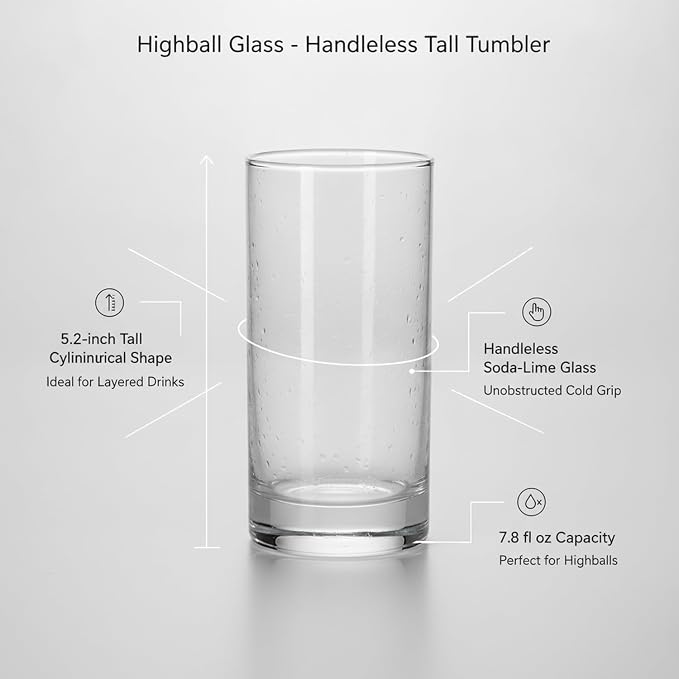 Handleless Highball Glass, 7.8 oz Tall Tumbler