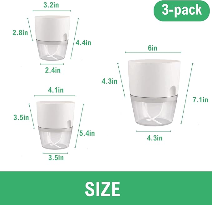 6/4/3Inch Self Watering Planter Pots 3 Pack Plant Pot