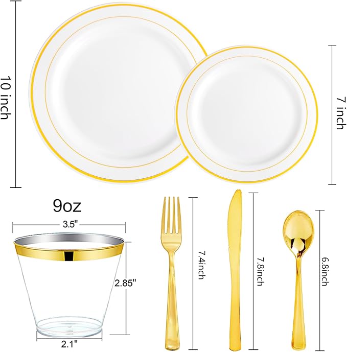 bUCLA 150PCS Gold Plastic Dinnerware Set Disposable