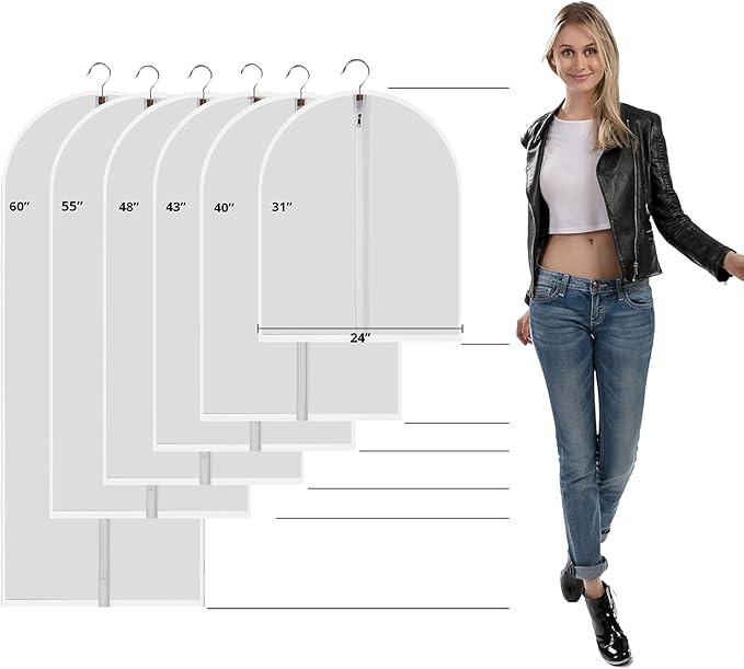 Plastic Garment Bags Clothing Storage Bags Hanging for Closet Storage Cloth Bags with Zipper for Suit,Dress, Coat Travel Closet Clear Garment Bags Dust Garment Cover-24"X31"/6 Pack