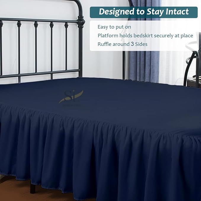 Shreem Linen Ruffled Bed Skirt with Split Corners, Gathered Style, 100% Microfiber, 12-Inch Drop, Dust Ruffle Bedskirt with Platform, Queen-XL, Navy Blue