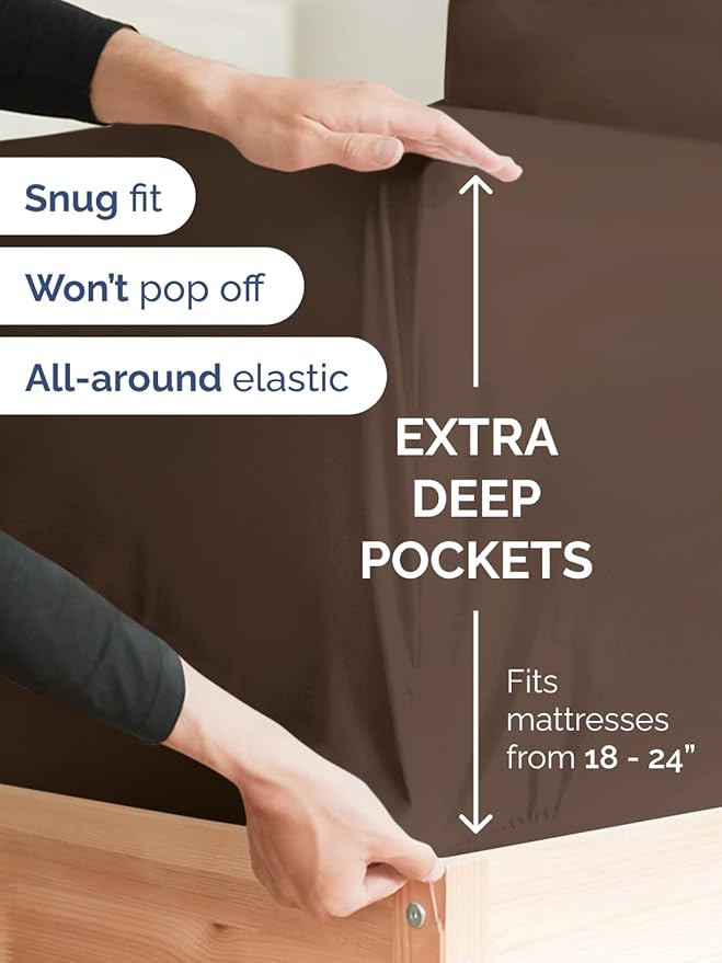 Extra Deep Full Fitted Sheet - Hotel Luxury Single Fitted Sheet Only - Easily Fits 18 inch to 24 inch Mattress - Ultra Soft, Wrinkle Free w/Extra Deep Pockets - Easy-Care, Breathable & Comfy - Brown