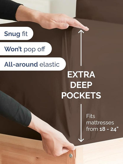 Extra Deep Full Fitted Sheet - Hotel Luxury Single Fitted Sheet Only - Easily Fits 18 inch to 24 inch Mattress - Ultra Soft, Wrinkle Free w/Extra Deep Pockets - Easy-Care, Breathable & Comfy - Brown
