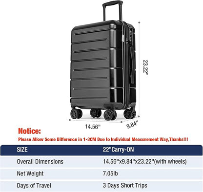KYME Hardside Carry On Luggage 22x14x9 Airline Approved with TSA Lock Hardshell Carry On Suitcase with Spinner Wheels Travel Rolling 22 Inch Luggage with Cup Holder for Men Women Black