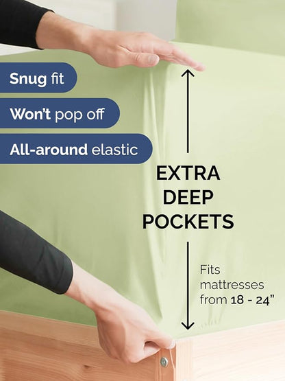 Extra Deep Queen Fitted Sheet - Hotel Luxury Single Fitted Sheet Only - Easily Fits 18 inch to 24 inch Mattress - Ultra Soft, Wrinkle Free w/Extra Deep Pockets - Breathable & Comfy - Light Sage Green