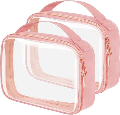 TSA Approved Travel Toiletry Bag,2 Pack Clear Makeup Bags with Handles,Quart Size Clear Cosmetic Bags for Traveling Women,Men,Carry on Airport Airline Compliant Bag,Pink