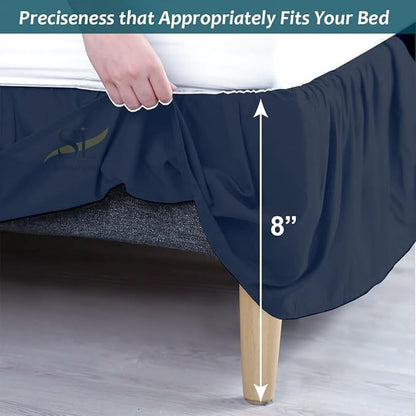 Shreem Linen Ruffled Bed Skirt with Split Corners, Gathered Style, 100% Microfiber, 8-Inch Drop, Dust Ruffle Bedskirt with Platform, King, Navy Blue