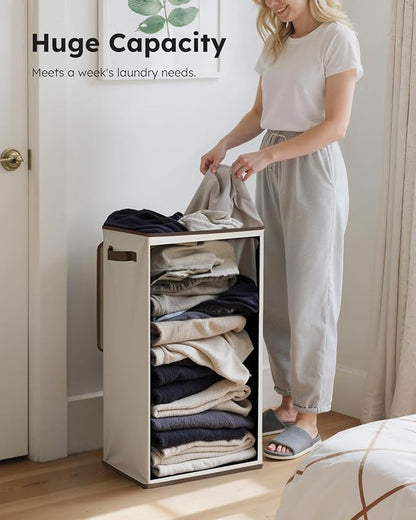 SOLEDI Slim Laundry Hamper with Lid, Narrow Laundry Basket with Removable Bags, Dirty Clothes Hamper with handle, Small Hamper perfect for Laundry room, Bathroom, Bedroom, Small spaces. 70L Beige