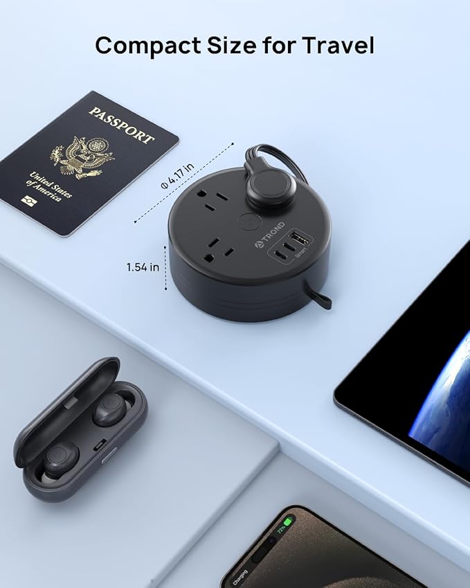 TROND Retractable Extension Cord Power Strip - Travel Power Strip with 3 AC Outlets 3 USB Ports (2 USB C), Ultra Thin Flat Plug 5ft, Cruise Ship Essentials, for Home Hotel Dorm Room, Black