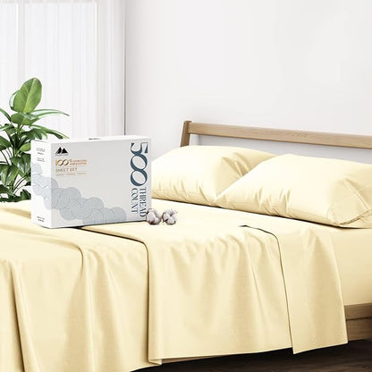 Mayfair Linen 500 Thread Count California King Cotton Sheets - 4 PC Cal King Size Bed Sheet Set Cotton (Sand), Soft, Cooling, Sateen Weave 16" Deep Pocket Bedsheet for Hot Sleepers (Fits 18" Mattress)
