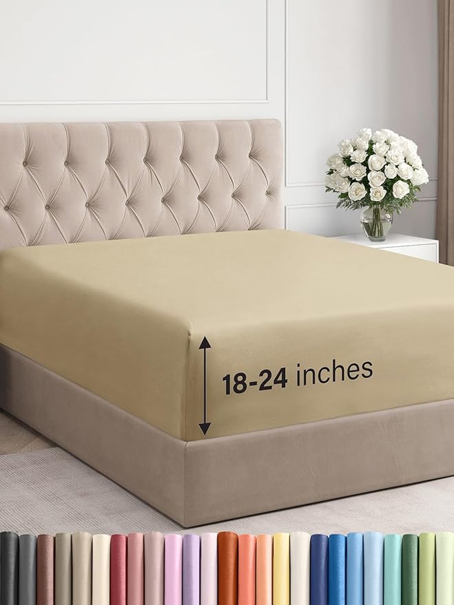Extra Deep Queen Fitted Sheet - Hotel Luxury Single Fitted Sheet Only - Easily Fits 18 inch to 24 inch Mattress - Ultra Soft, Wrinkle Free w/Extra Deep Pockets - Easy-Care, Breathable & Comfy - Beige