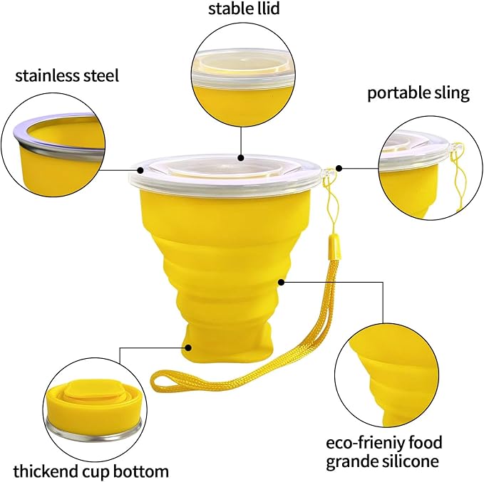 Collapsible Cup - Silicone Foldable Cup-Expandable Folding Drinking Reusable Portable Mugs Cups For Travel, Camping, Hiking, Survival, Car, Picnic, Beach, Holiday Vacation, Outdoor Sports Yellow