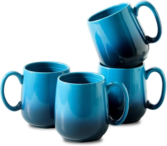 HASENSE 15oz Large Ceramic Mug Set, 4-Piece Blue Ombre Coffee Cups