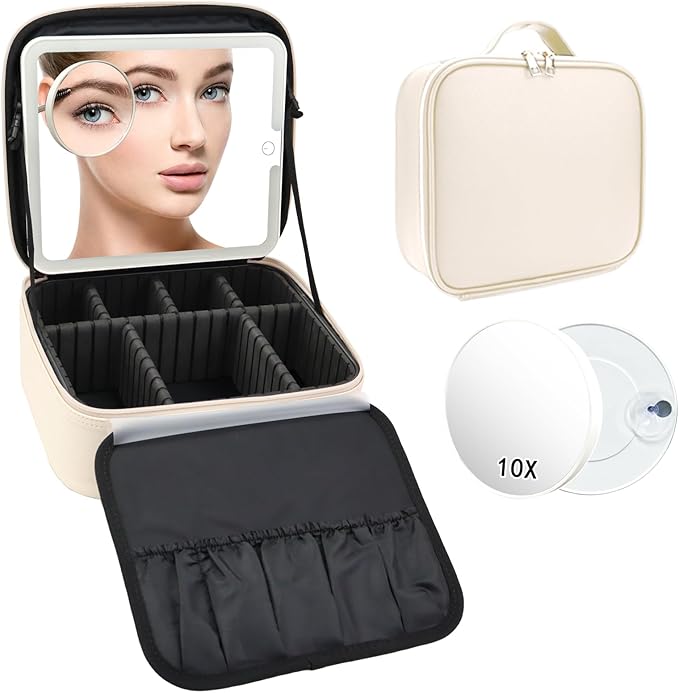 Travel Makeup Bag with LED Mirror and 10x magnifying glass with 3 Lighted Settings, Adjustable Dividers and Makeup Brush Storage Bag White