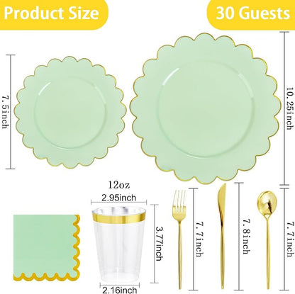LIYH 210Pcs Gold Trim Sage Green Plastic Plates, Dinnerware Set