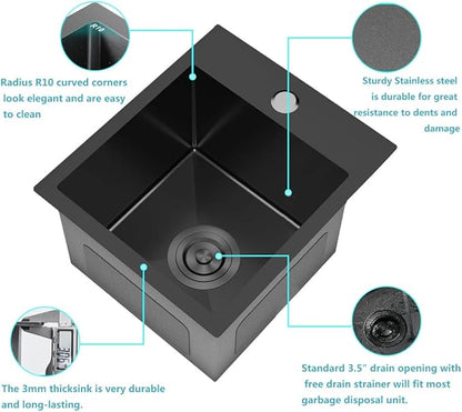 ARTLINE 15 x 15 Inch Black Drop in Bar Sink, Stainless Steel Single Bowl Kitchen Sink, Small Topmount 9 Inch Deep Wet Bar sink for Outdoor Prep RV Yard Laundry Utility with Dish Grid & Drain