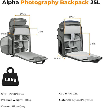 K&F CONCEPT Camera bags Waterproof 25L Large Capacity Camera Case with Raincover Camera Case 15.6 Inch Laptop Compartment Compatible with Canon/Nikon/Sony/DJI Mavic Drone Travel Camera Backpack