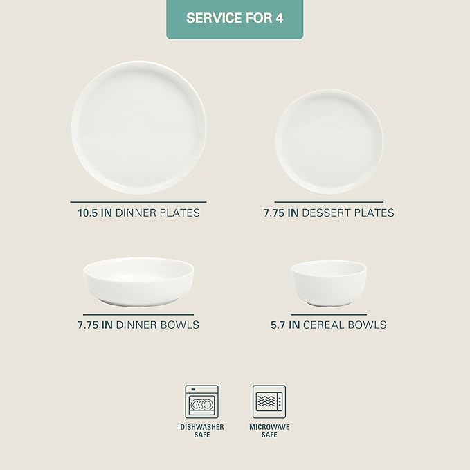 Gibson Home Oslo Porcelain Chip and Scratch Resistant Dinnerware Set, Service for 4 (16pcs), Ceramic Plates and Bowls Dishes Sets, White - Microwave and Dishwasher Safe